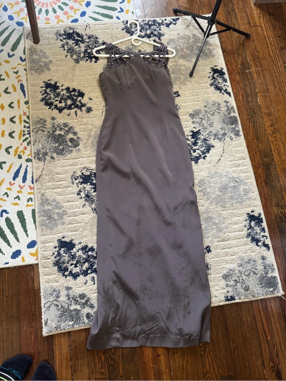 Sleek Gray Beaded Maxi Dress - Women's Evening Gown